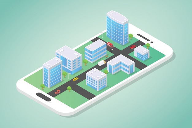 Изометрические город на вершине смартфона со зданием и автомобиль на улице с современным плоским стилем