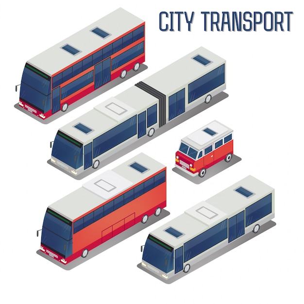 Set di autobus per il trasporto della città isometrica