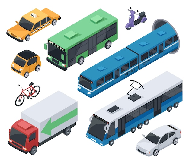 Isometric city vehicles and public transport car train bus bike motorcycle taxi cargo truck