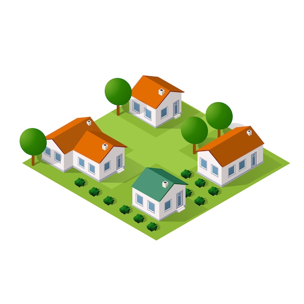 Isometric  city with houses and streets with trees