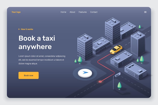 Isometric city with yellow taxi car and pin location. landing page template.