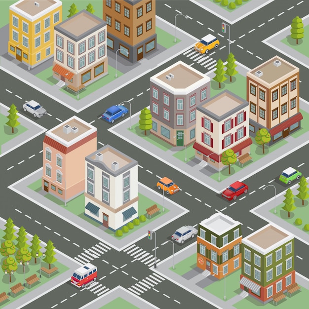 Isometric cityscape. isometric buildings. isometric houses. isometric city. modern houses. isometric cars. vector illustration