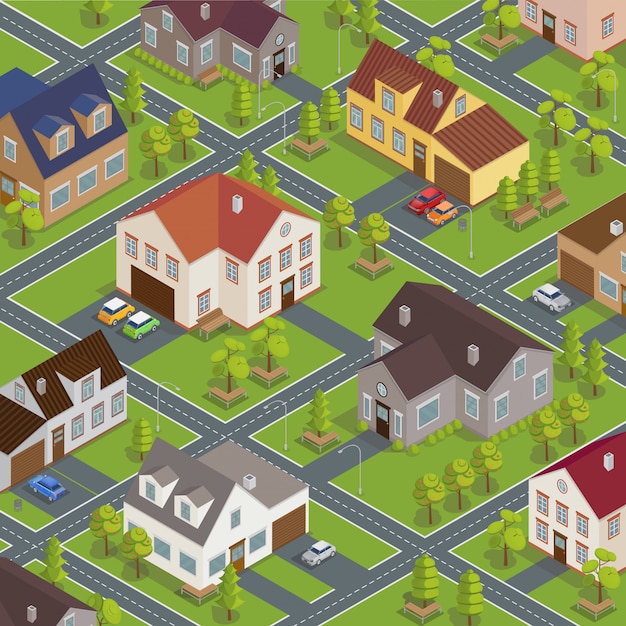 Isometric cityscape. isometric buildings. isometric houses. isometric cottages. isometric city. modern houses. isometric cars. vector illustration