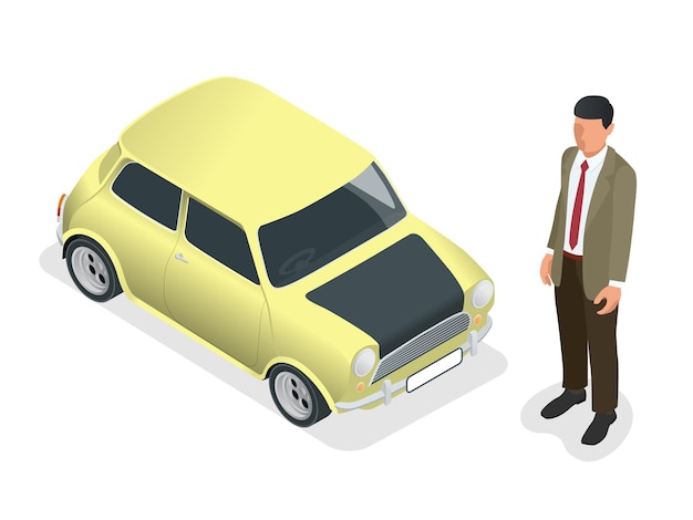 Вектор Изометрическая классическая мини-модель автомобиля и вид крупным планом человека на белом фоне