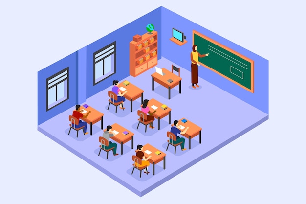 Isometric classroom illustration with teacher and students