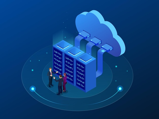 Vector isometric cloud computing concept. isometric cloud services. internet technology. online services. data, information security. vector illustration.