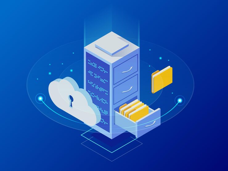 Vector isometric cloud computing concept represented by a server, with a cloud representation hologram concept. data center cloud, computer connection, hosting server, database synchronize technology.