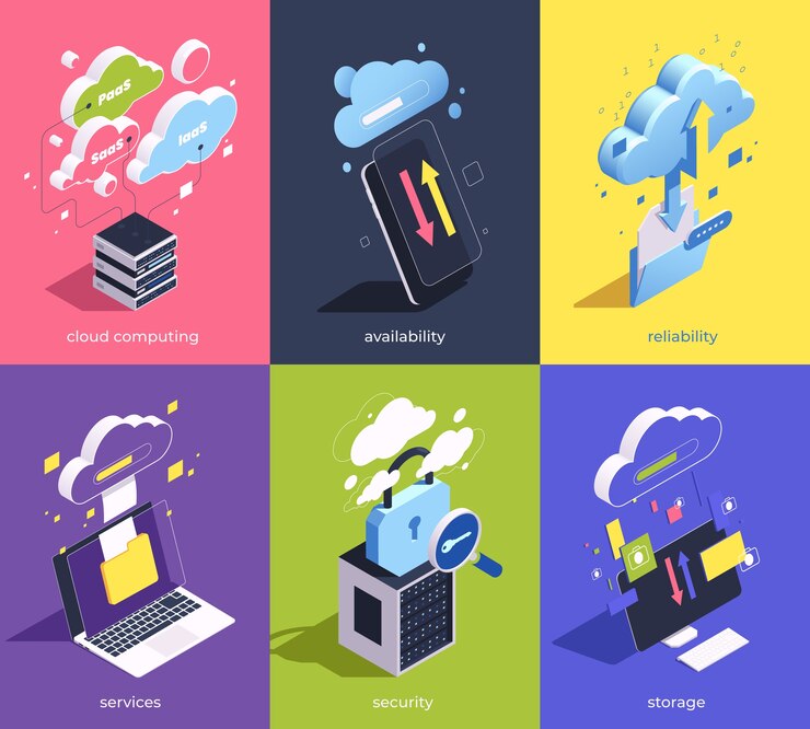 Vector isometric cloud computing services mini composition set