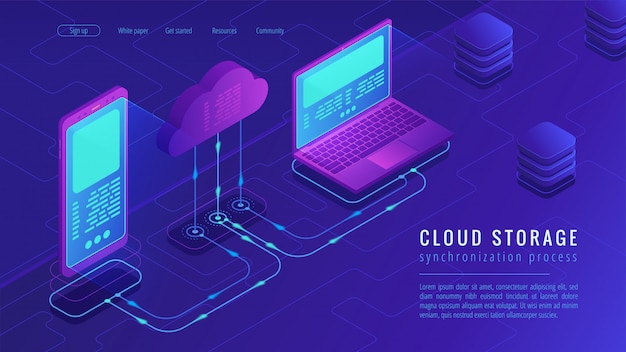 Isometric cloud storage landing page concept.