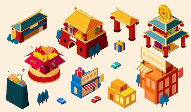 Vector isometric cny building set