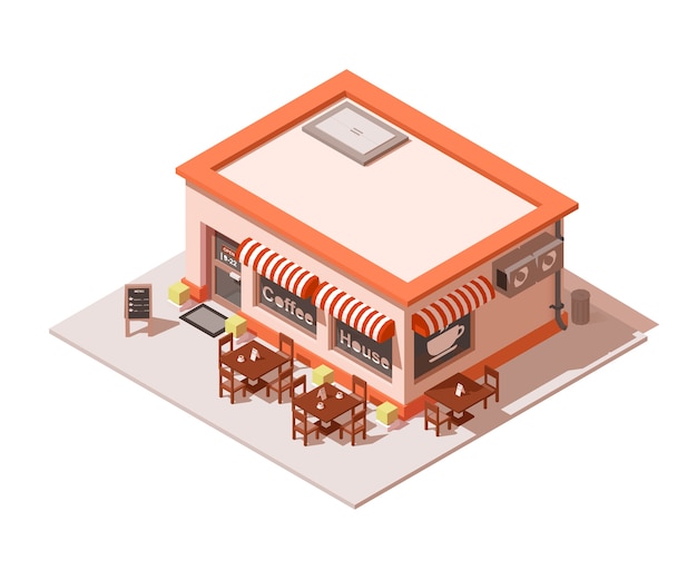 Vector isometric coffee shop or coffeehouse building exterior.