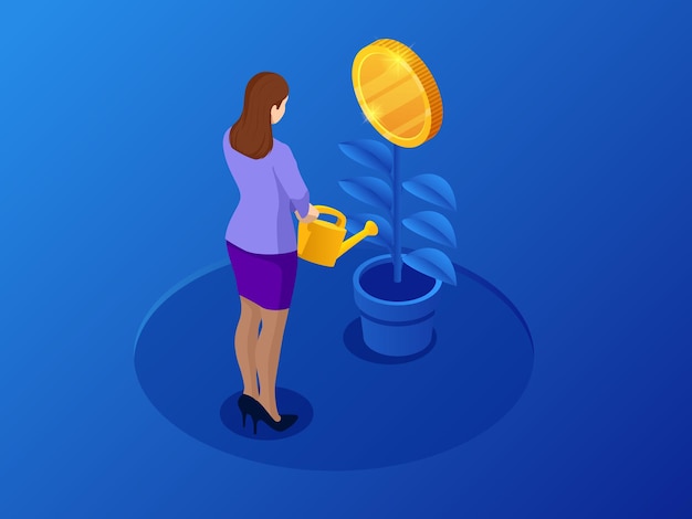 Vector isometric coins growth or growing money and investments. growth finance vector illustration.