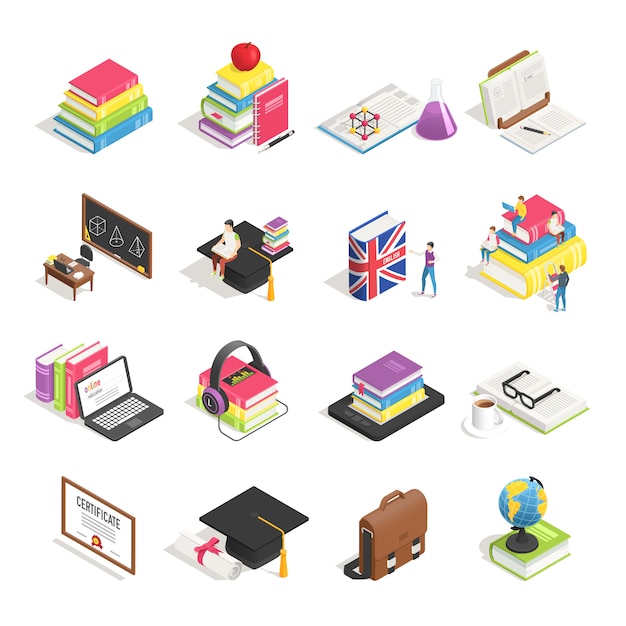 Vector isometric college education accesories set