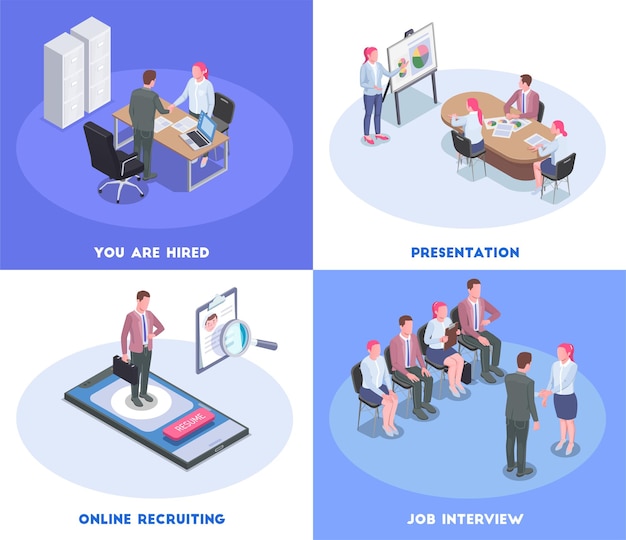 Vector isometric colored recruiting human resources illustration with candidates having job interview 3d isolated