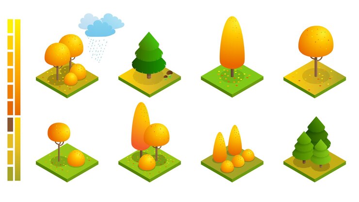 Vector isometric colorful autumn trees set. yellow orange fall tree and autumnal garden flat illustration. for infographics, game, and design.