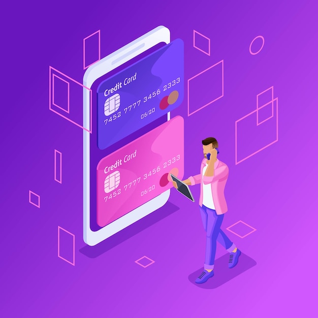 Вектор Изометрическая красочная концепция управления онлайн-счетами кредитных карт в онлайн-банке
