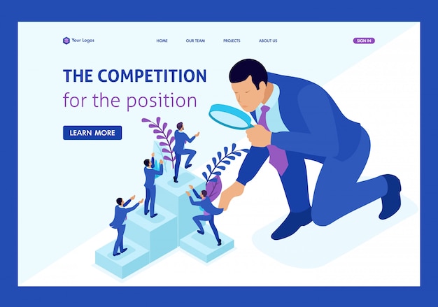 Isometric competitive struggle for career growth, businessman looks at candidates through a magnifying glass. Website Template Landing page