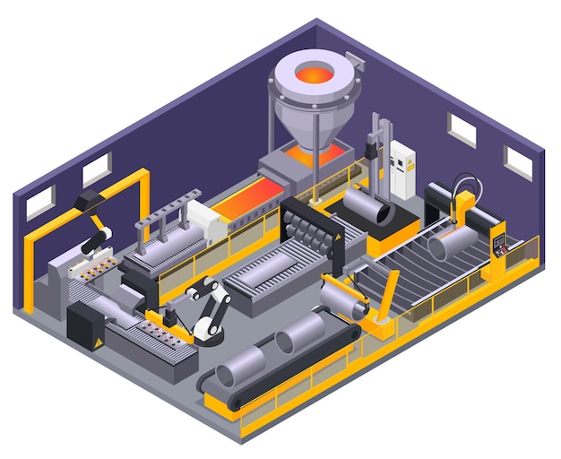 Vettore composizione isometrica con macchine automatizzate per la lavorazione dei metalli 3d