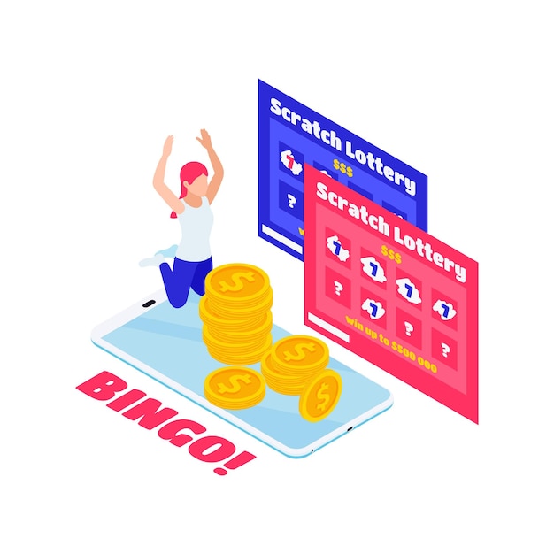 Vector isometric composition with lottery scratch cards coins happy character bingo