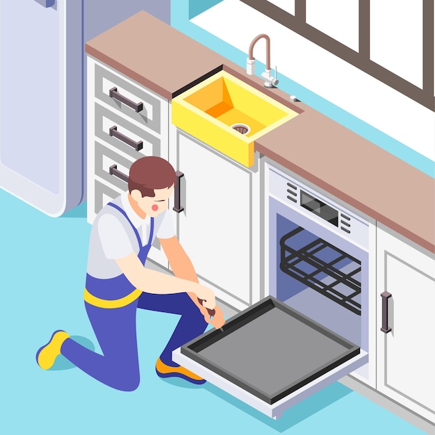 Vector isometric composition with man repairing oven 3d