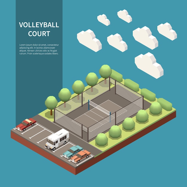 Isometric composition with outdoor volleyball sport field and parking zone 3d illustration