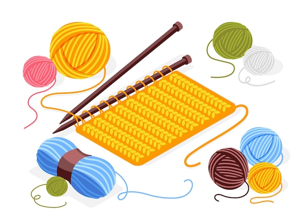 ニット生地、編み針、色付きの木製クルーのイラストと等角投影