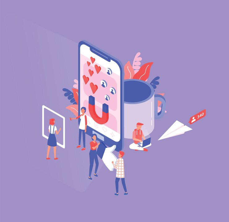 Vector isometric composition with tiny men and women and giant smartphone, cup and paper plane.