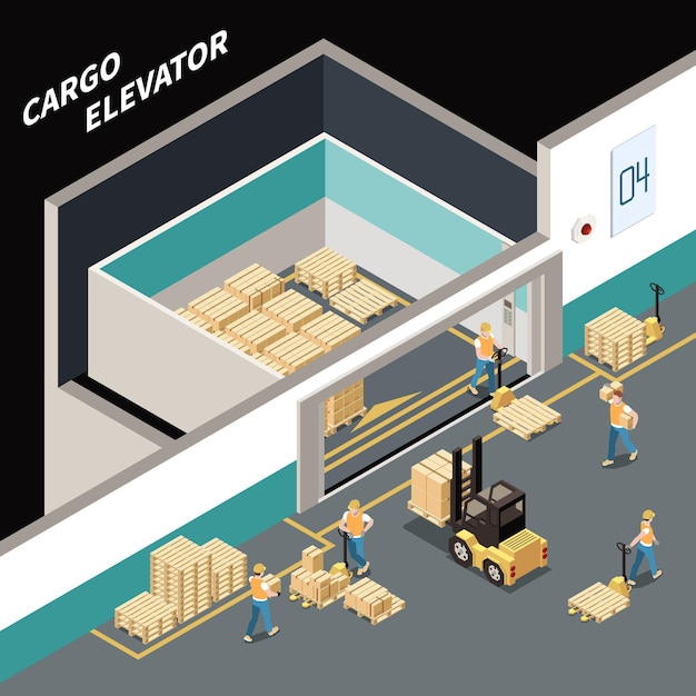 Isometric composition with workers loading cargo into big elevator 3d  illustration