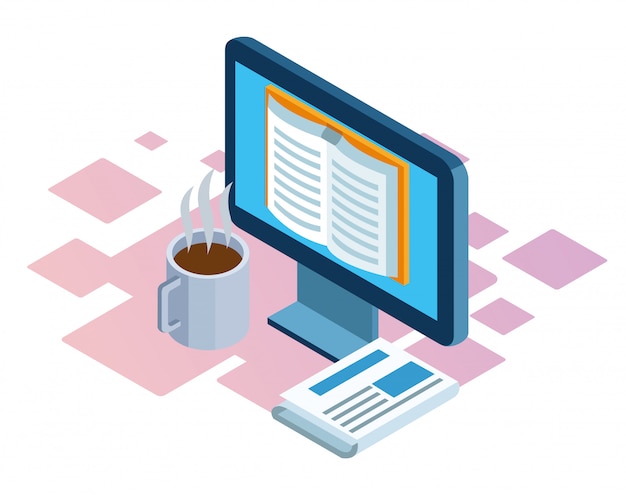 isometric  of computer, coffee mug and newspaper over white background