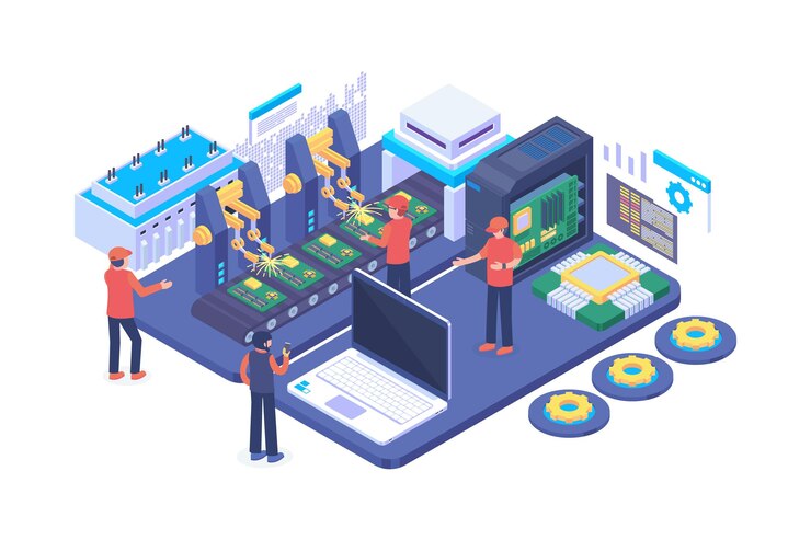 Vector isometric computer factory concept illustration