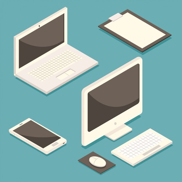 Isometric computer, laptop, mobile phone and paper clipboard.   flat set of office equipment isolated on background.