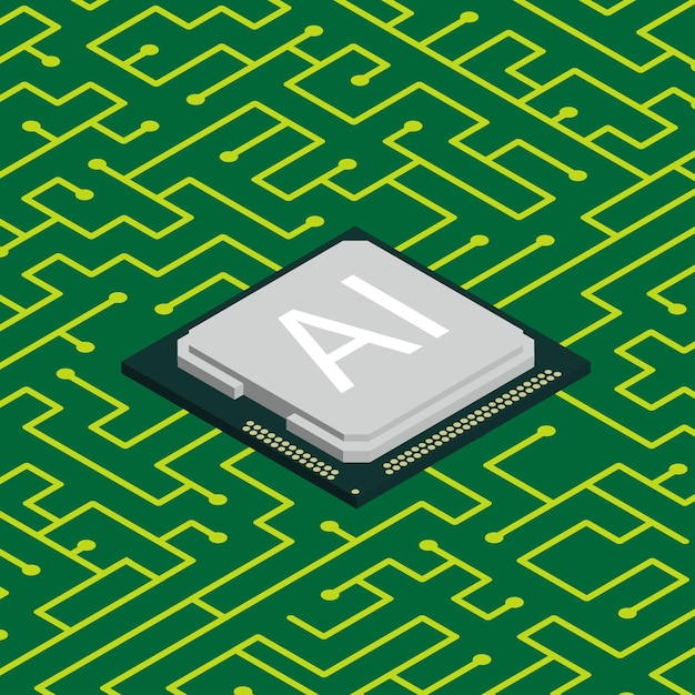 isometric computer microchip for training artificial intelligence program embedded in chip with