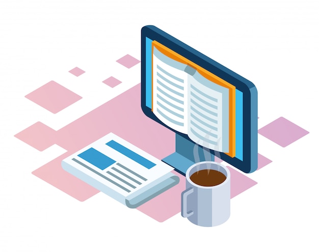 Vector isometric  of computer, newspaper and coffee mug over white background