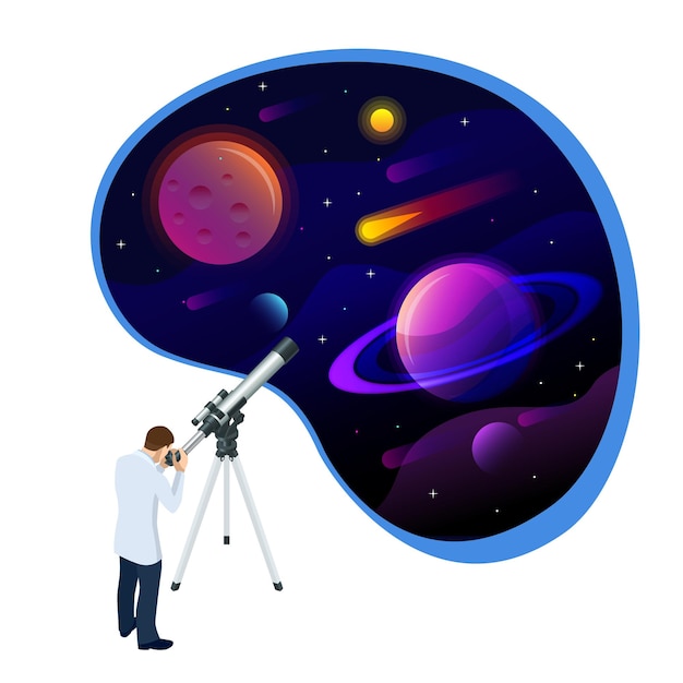 Isometric concept of Astronomer looking through telescope on planets stars and comets Astronomical telescope tube and cosmos Vector illustration