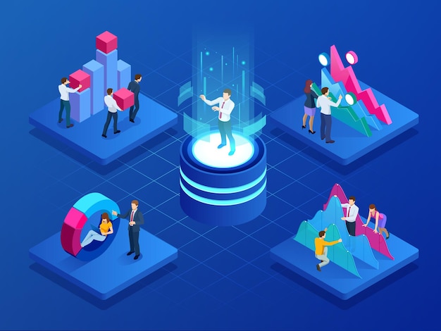 Isometric concept of business teams meeting working with new startup project, analysis data the charts and graphs, discussion. consulting for company performance, analysis, accounting.