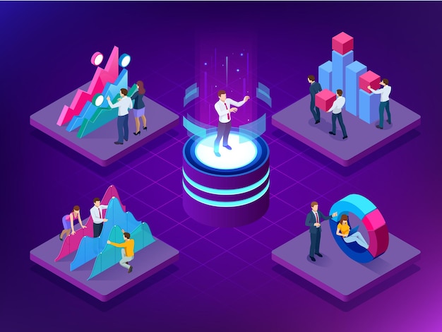 Vector isometric concept of business teams meeting working with new startup project, analysis data the charts and graphs, discussion. consulting for company performance, analysis, accounting.