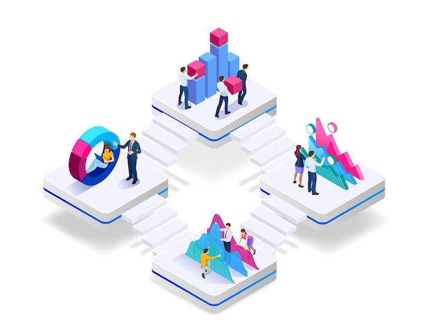 Vector isometric concept of business teams meeting working with new startup project, analysis data the charts and graphs, discussion. consulting for company performance, analysis, accounting.