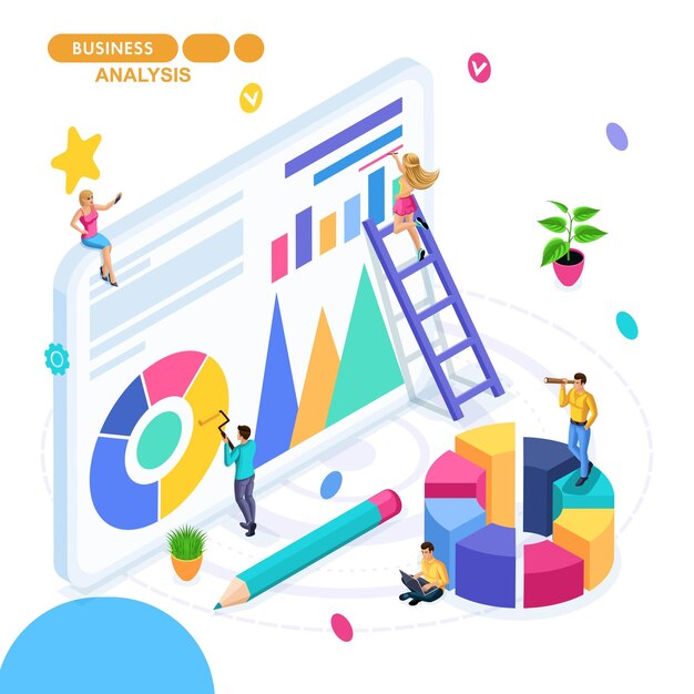 Vector isometric concept of business, teamwork, business analytics, financial reports, financial audit. young entrepreneurs are developing a start-up.