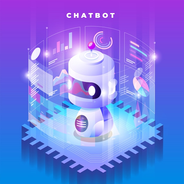 Tecnologia bot chat concetto isometrico. messaggio di chat di macchina di intelligenza artificiale tramite apprendimento automatico. illustrare.