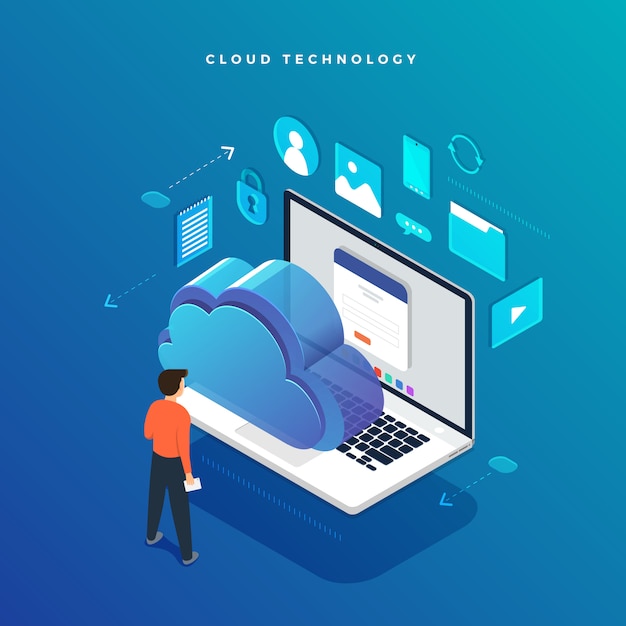 Trasferimento e archiviazione dei dati della tecnologia cloud concetto isometrico. collegamento delle informazioni. illustrazioni.