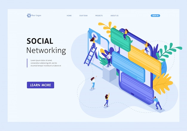 Isometric concept communication of young people in social networks, sending messages and photos. Website Template Landing page