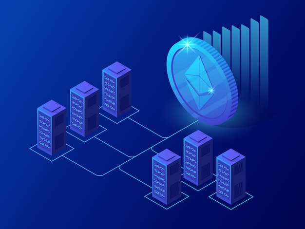 Isometric concept of cryptocurrency and blockchain concept. farm for mining ethereum coins.