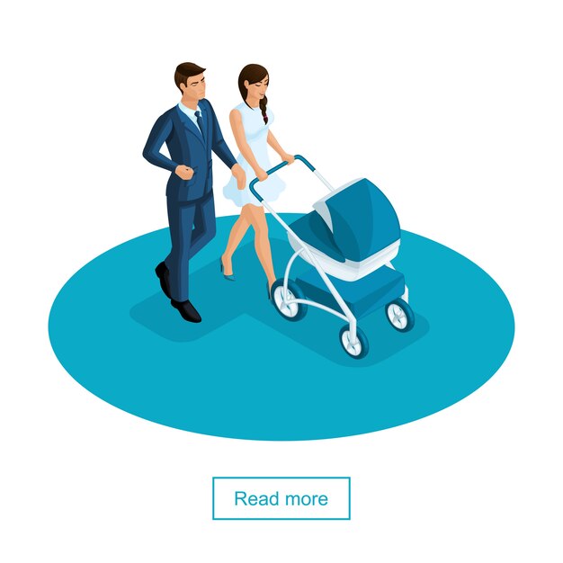 Isometric concept of happy young parents walking with their newborn children in a stroller