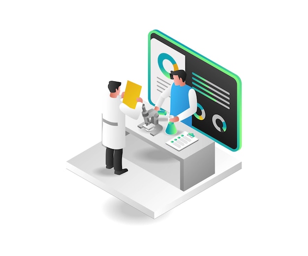 Vector isometric concept illustration of a scientist doing an experiment to find data