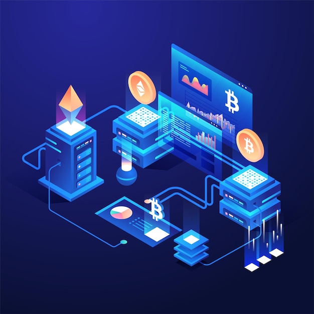 Vector isometric concept ilustration of mining cryptocurrency with server and graphic chart