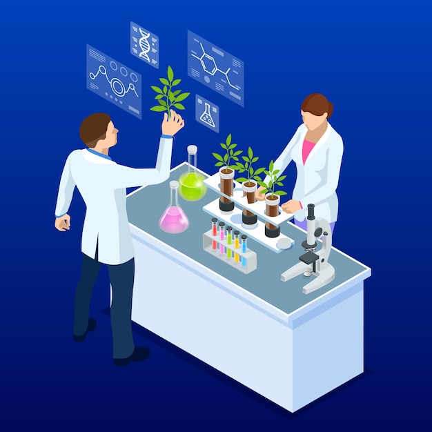 Concetto isometrico di laboratorio che esplora nuovi metodi di allevamento di piante e genetica agricola piante che crescono nelle provette