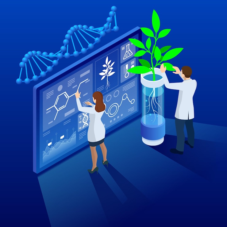 Vector isometric concept of laboratory exploring new methods of plant breeding and agricultural genetics plants growing in the test tubes