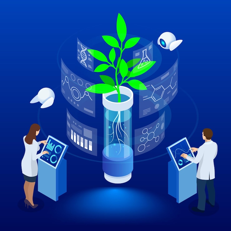 Vector isometric concept of laboratory exploring new methods of plant breeding and agricultural genetics plants growing in the test tubes