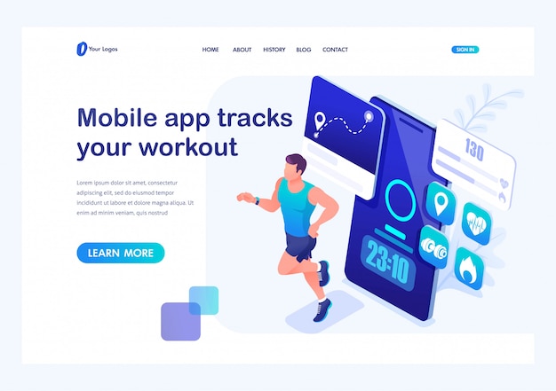 L'app mobile concetto isometrico tiene traccia del tuo allenamento, atleta maschio in fuga. la formazione di un giovane. pagina di destinazione modello per sito web