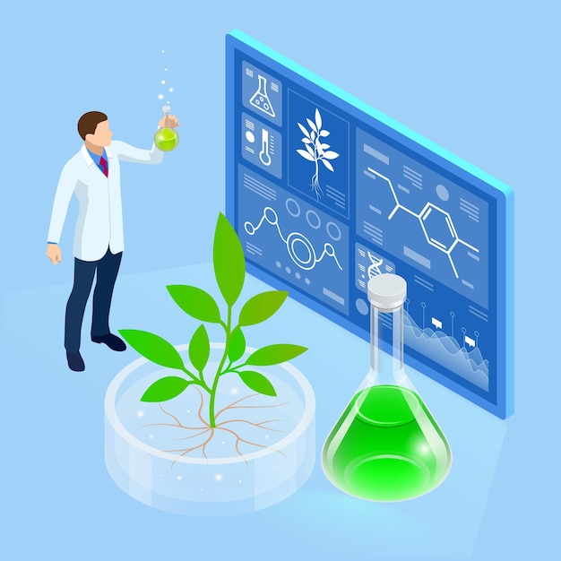 植物育種と農業遺伝学の新しい方法を探求する実験室の等尺性概念試験管で成長する植物有機食品農業とハイドロポニック